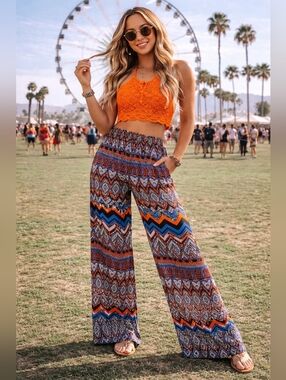NWT Boho Festival Pants Orange Blue Tribal Print Wide Leg High Waist Coachella S
